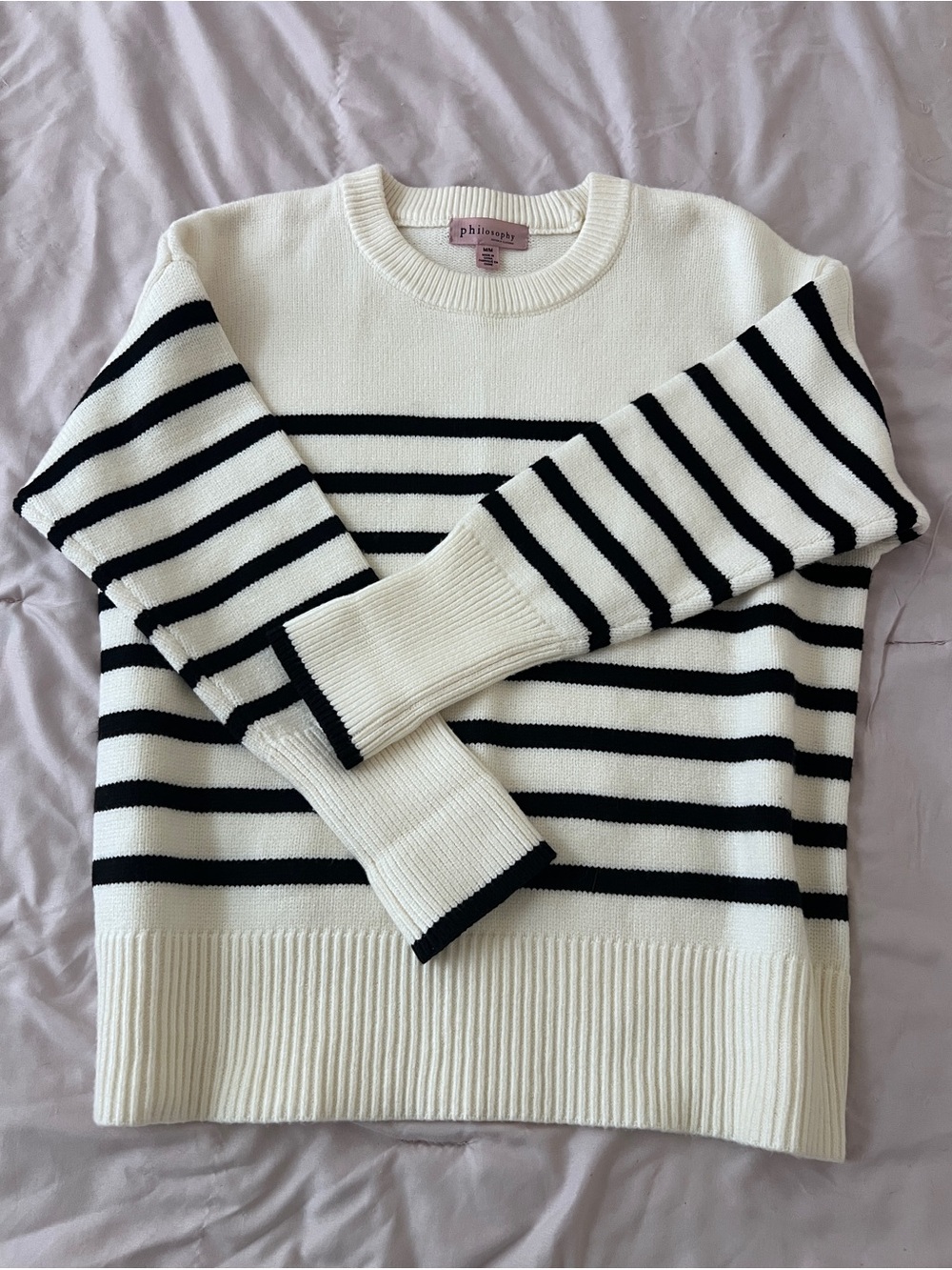 Philosophy Black and Cream Striped Crewneck Sweater